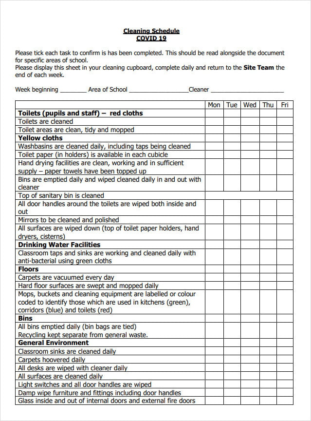 School Toilet Cleaning Checklist Template