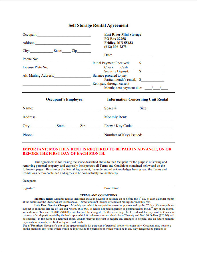 Self Storage Rental Agreement Template