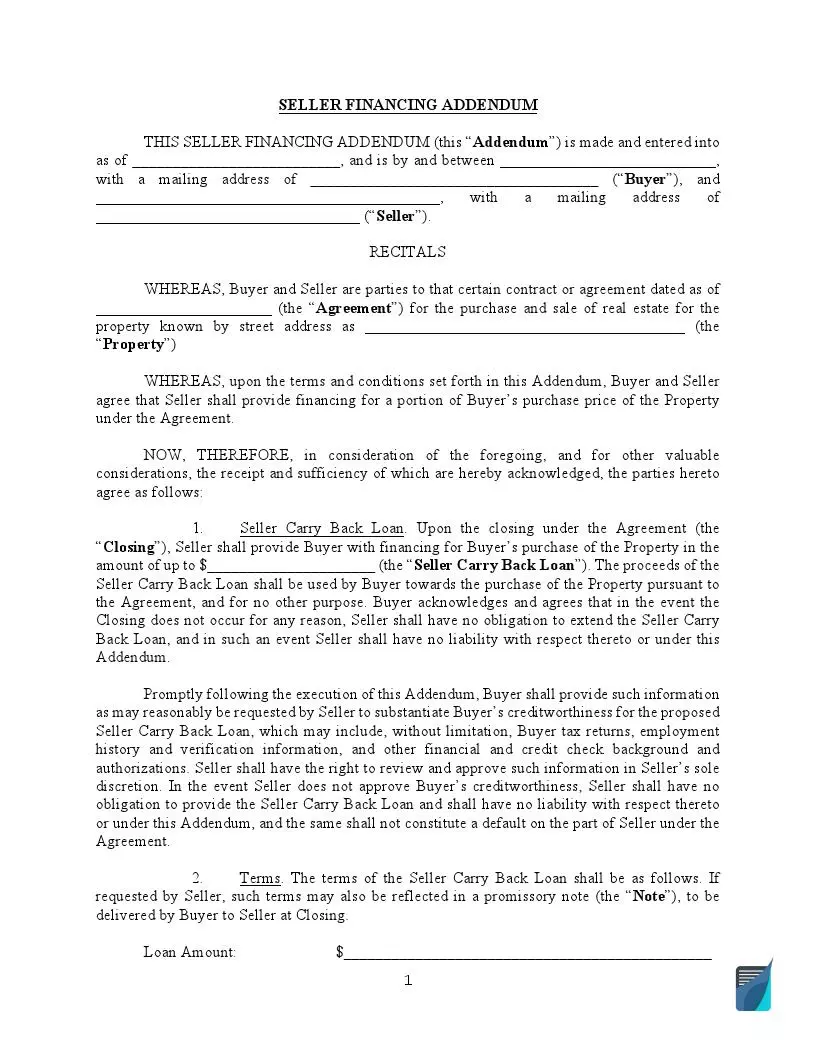 Seller Financing Agreement Template Example