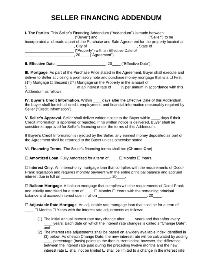 Seller Financing Agreement Template Sample