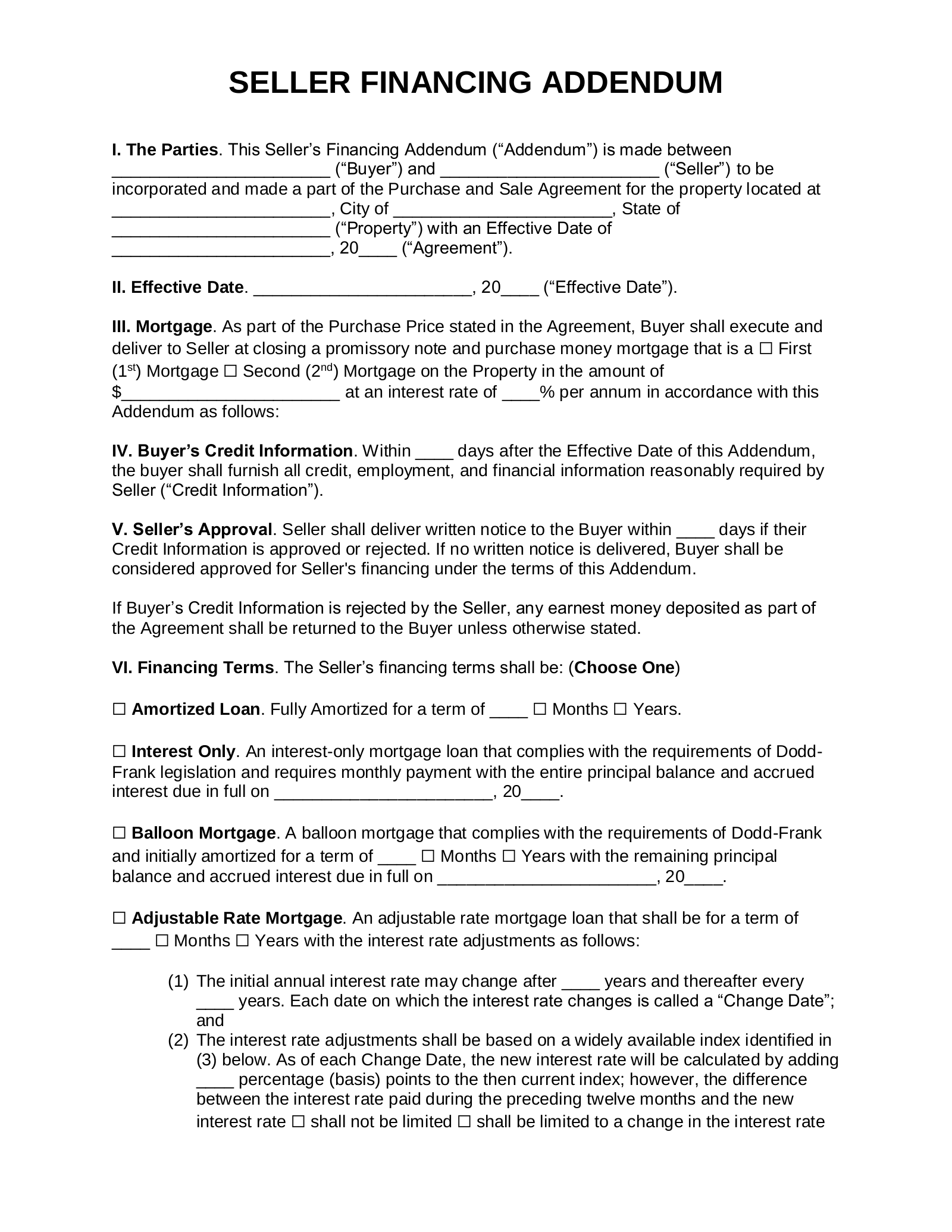 Seller Financing Agreement Template