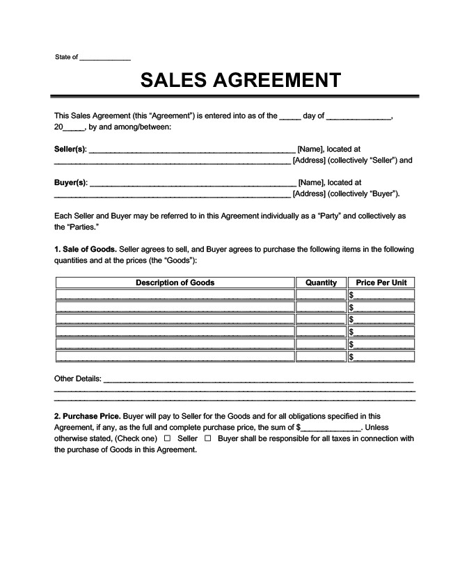 Selling Contract Template Example