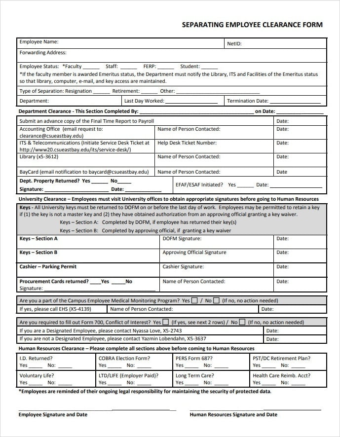 Separating Employee Clearance Form