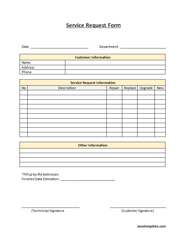 Service request form template featuring fields for customer information and service details.