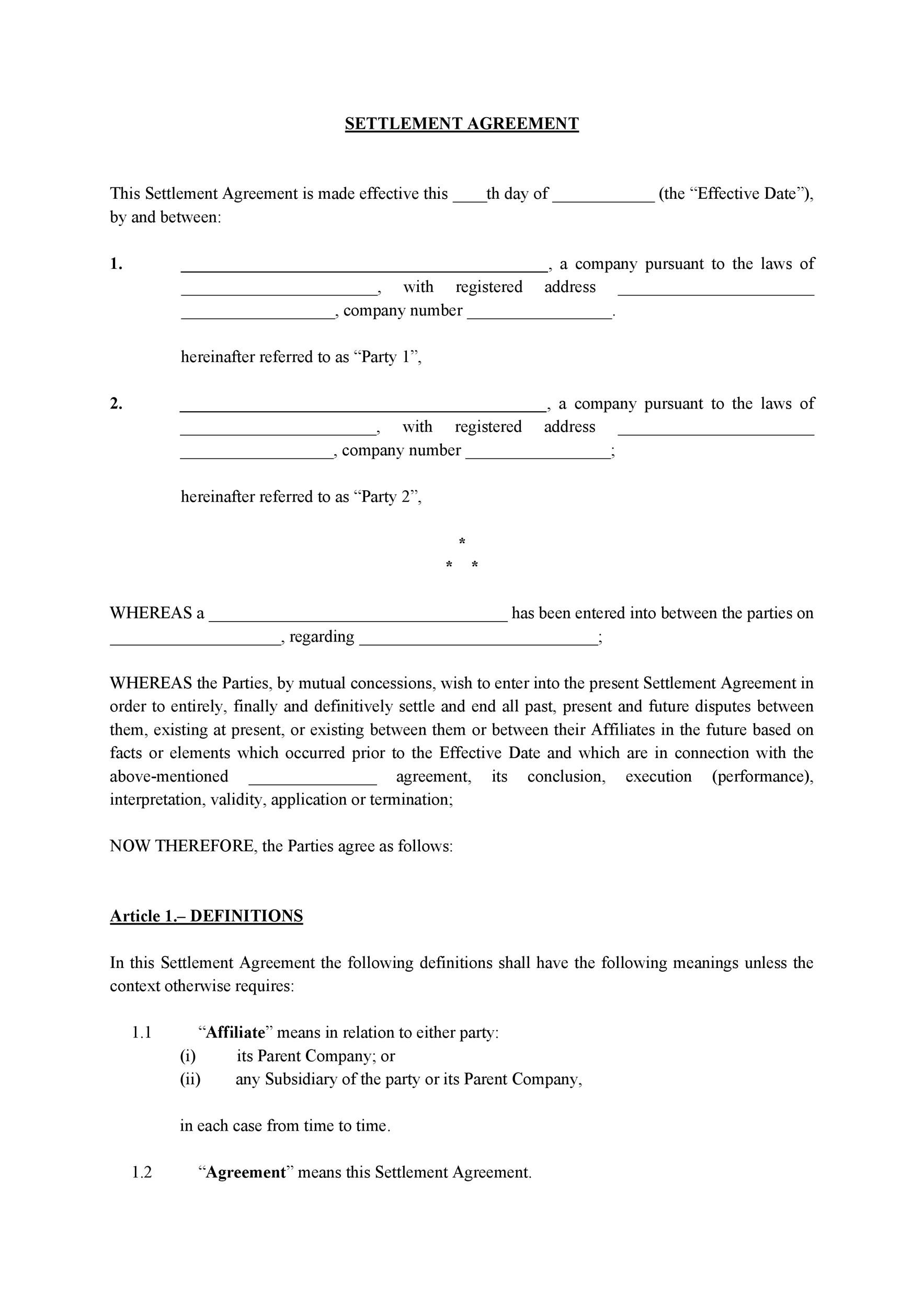 Settlement Agreement Template Example