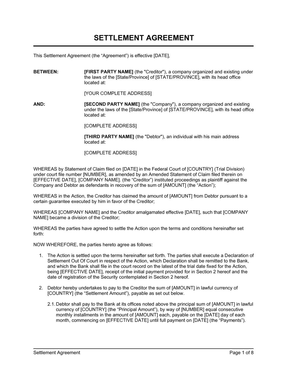 Settlement Agreement Template Sample