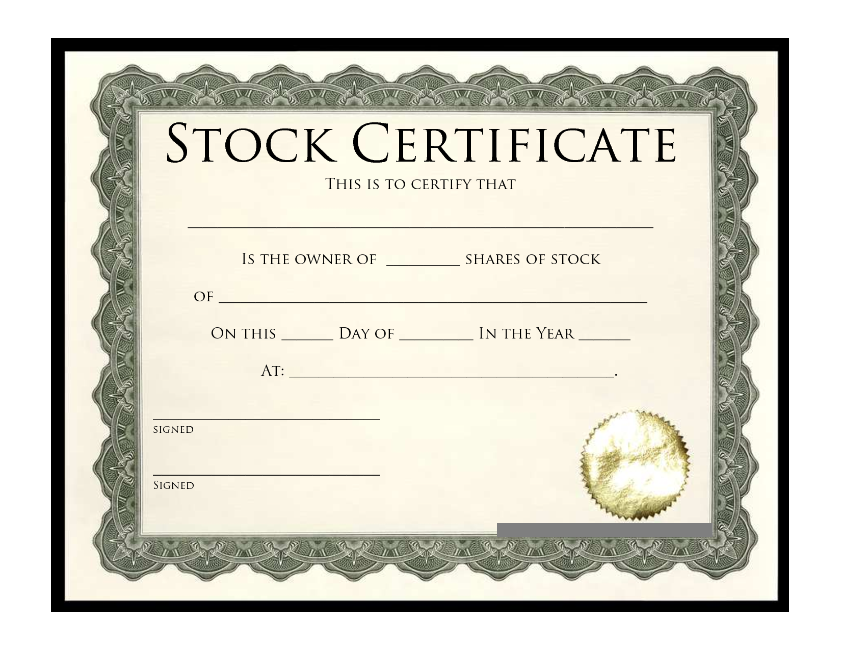 Shareholders Stock Certificate Template Example