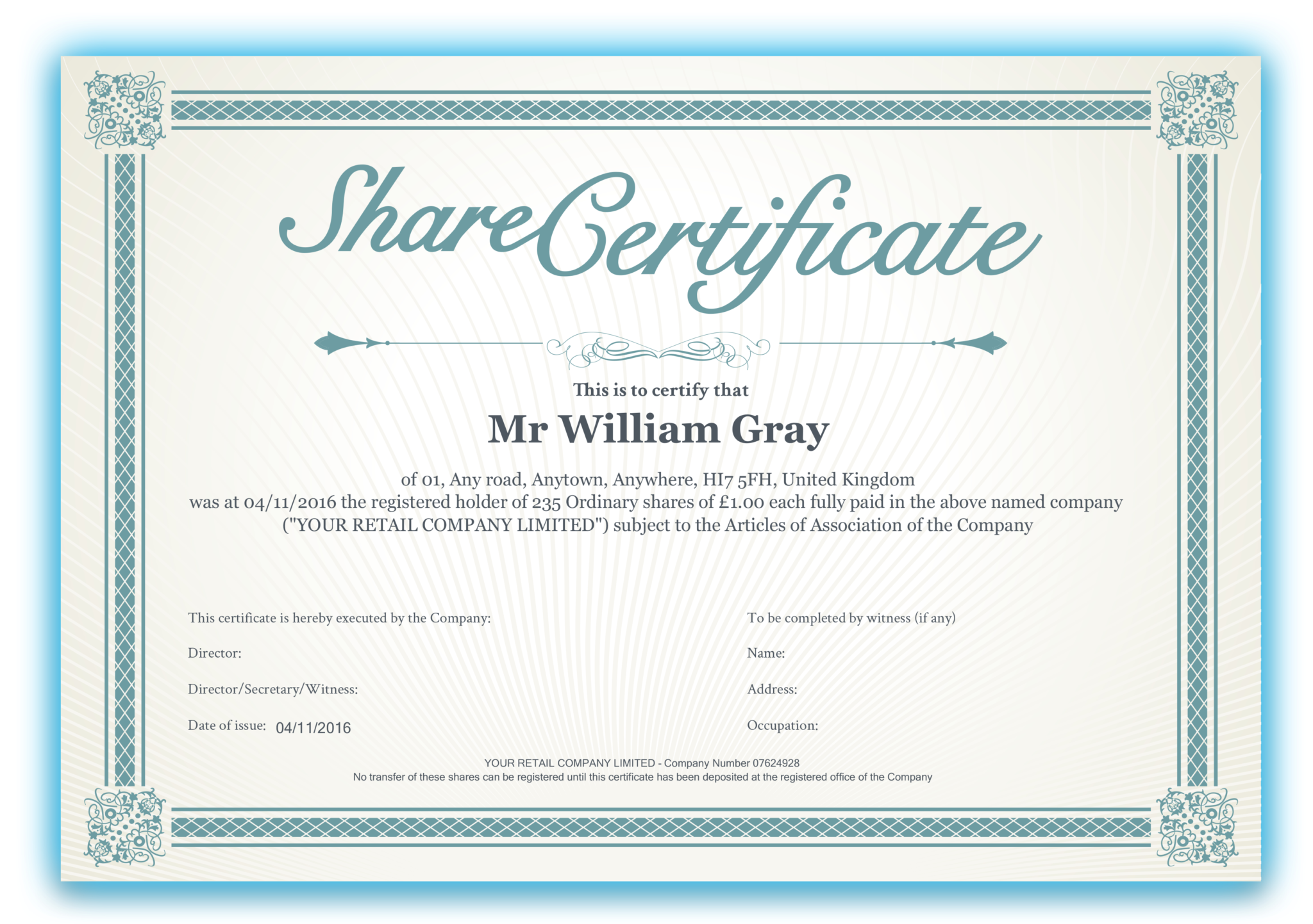 Shareholders Stock Certificate Template Sample