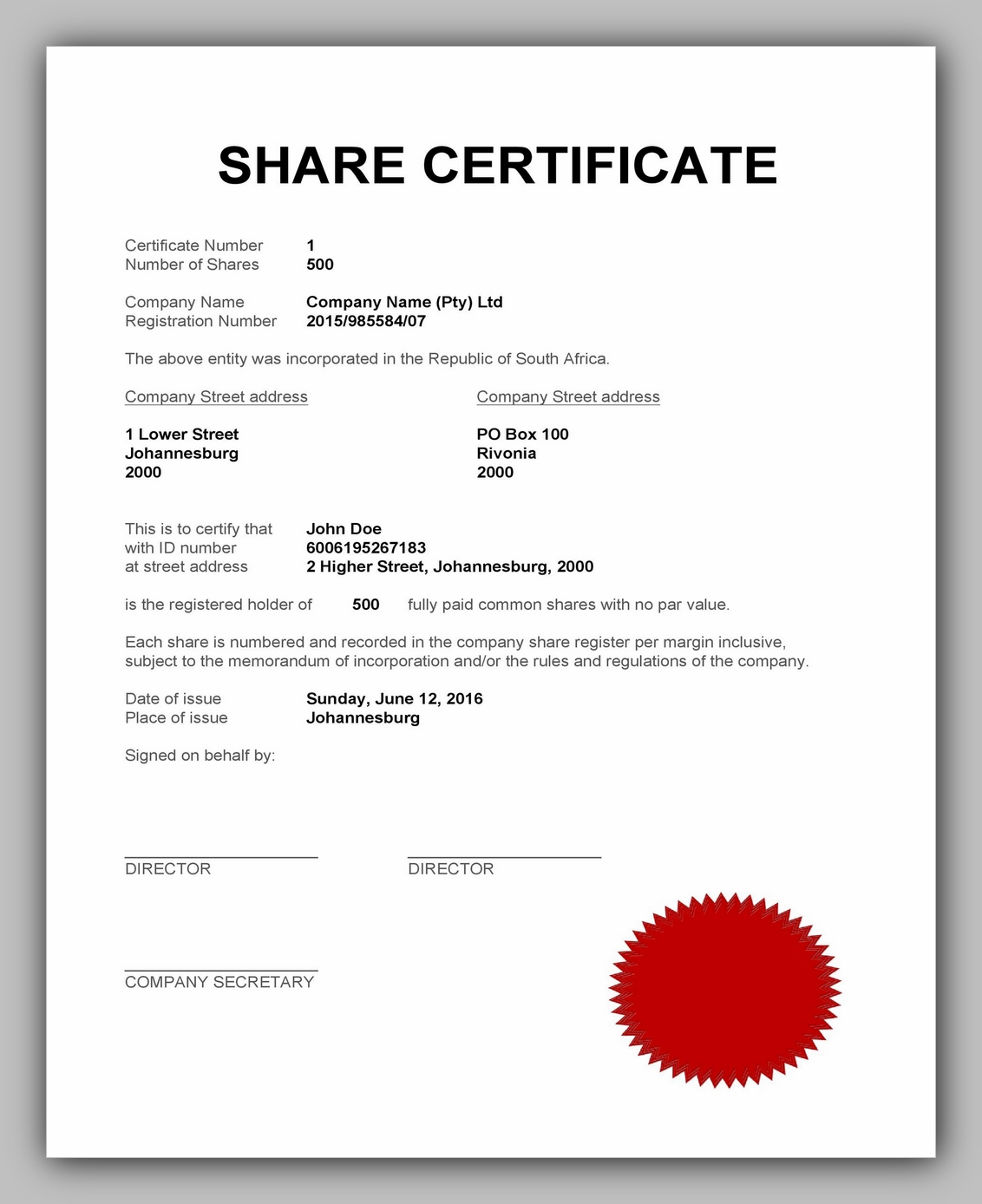 Shareholders Stock Certificate Template