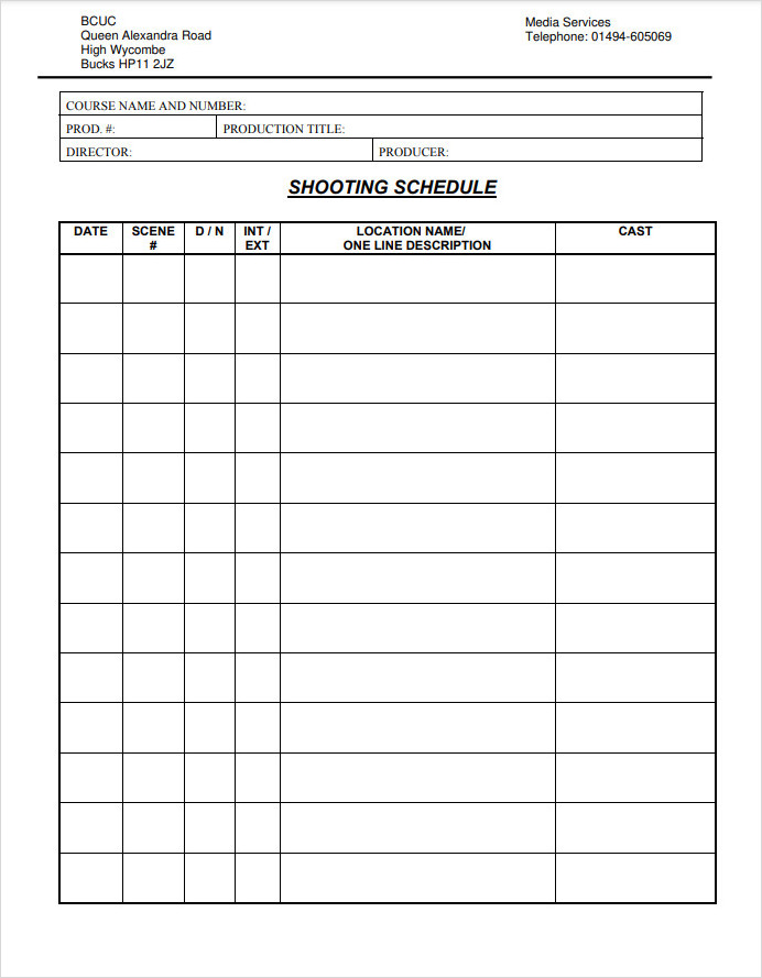 Shooting Schedule Breakdown Sheet Template