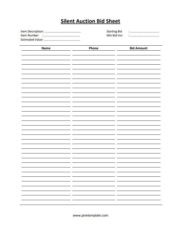 Professional silent auction bid sheet template with sections for item descriptions, starting bids, and bid increments.