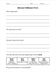 Behavior Reflection Sheet Template