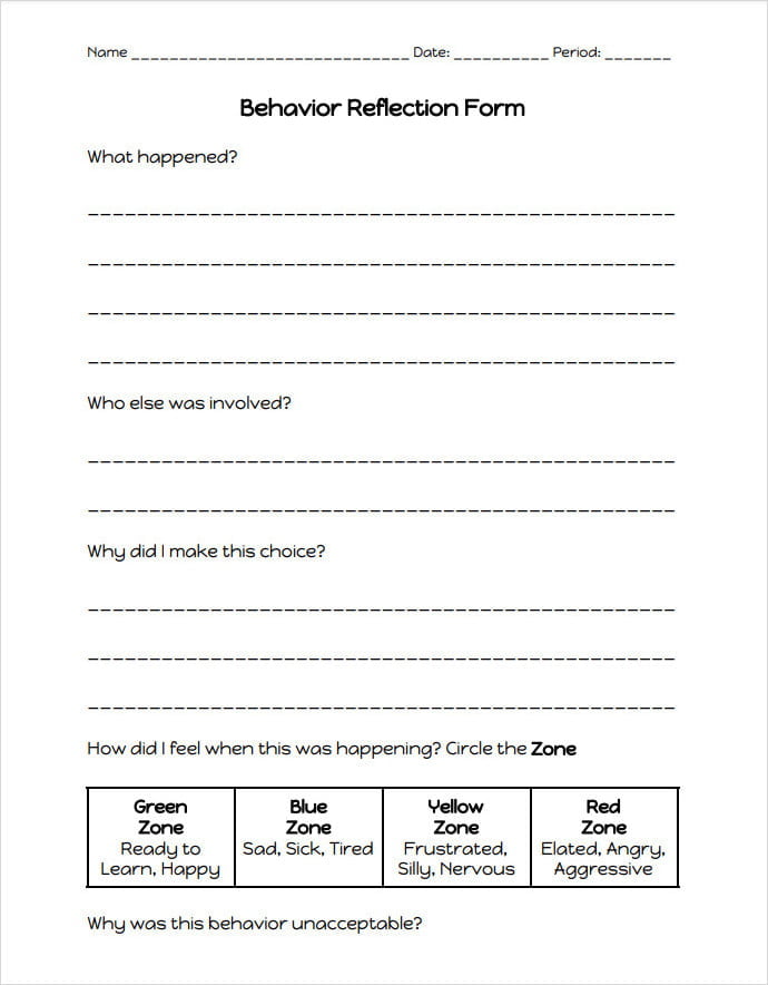 Simple Behavior Reflection Sheet Template