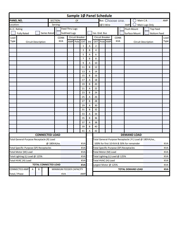 Single Phase Panel Schedule Template