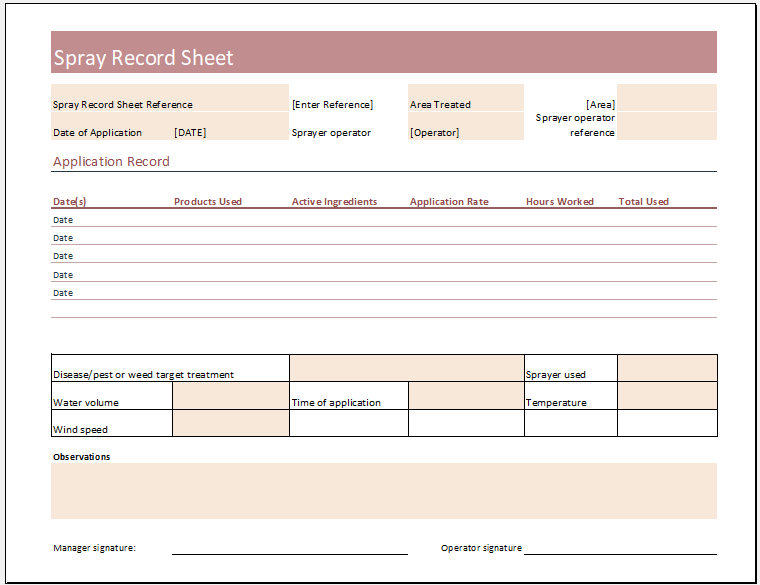 Spray Record Sheet Template