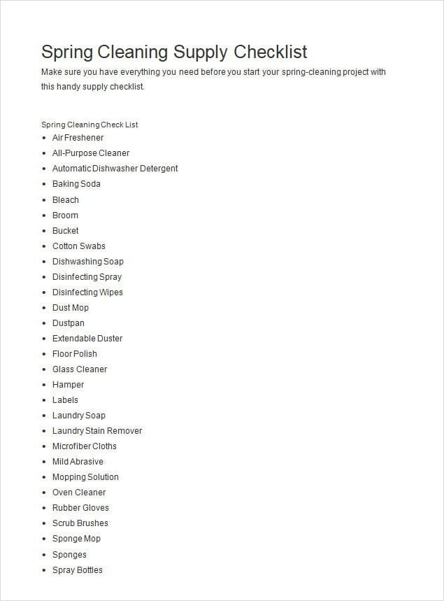 Spring Cleaning Supply Checklist Template Word