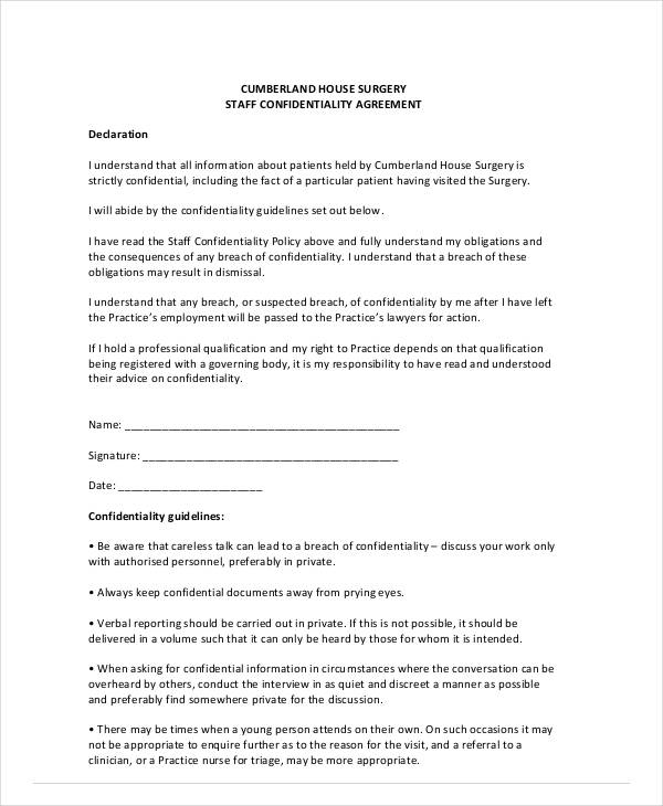 Staff Confidentiality Agreement Template Sample