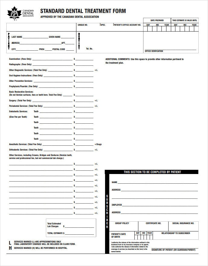 Standard Dental Treatment Form