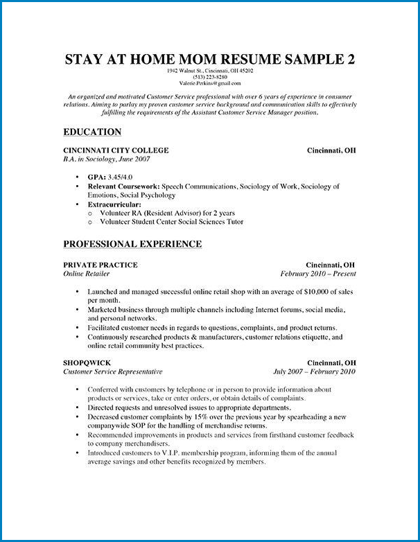 Stay At Home Mom Resume Template Example