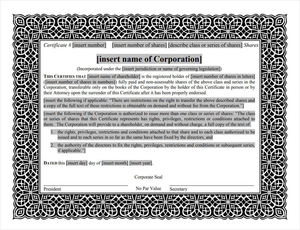 Stock Certificate Gift Template