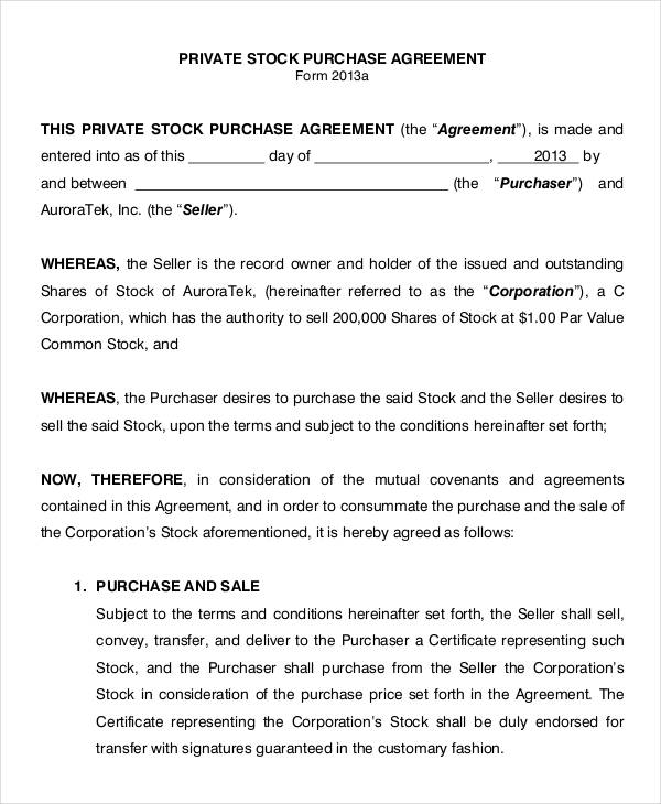 Stock Purchase Agreement Template Example