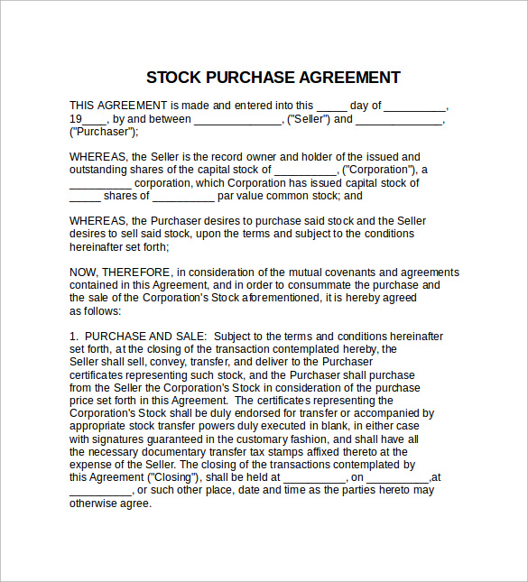 Stock Purchase Agreement Template Sample