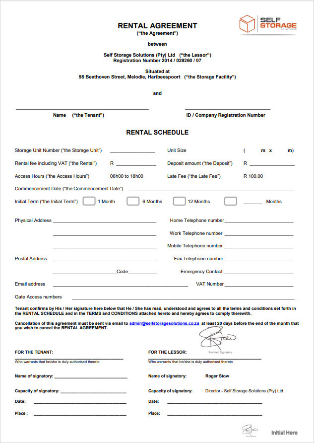 Storage Rental Agreement Template