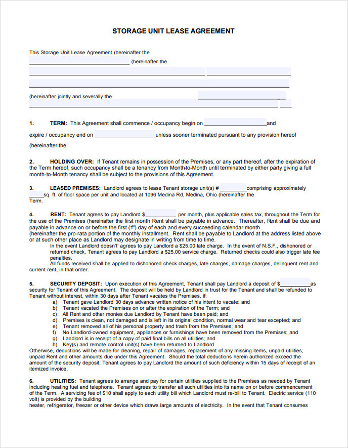 Storage Unit Lease Agreement Template