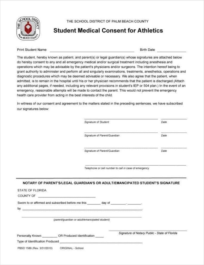 Student Medical Consent Form for Athletics