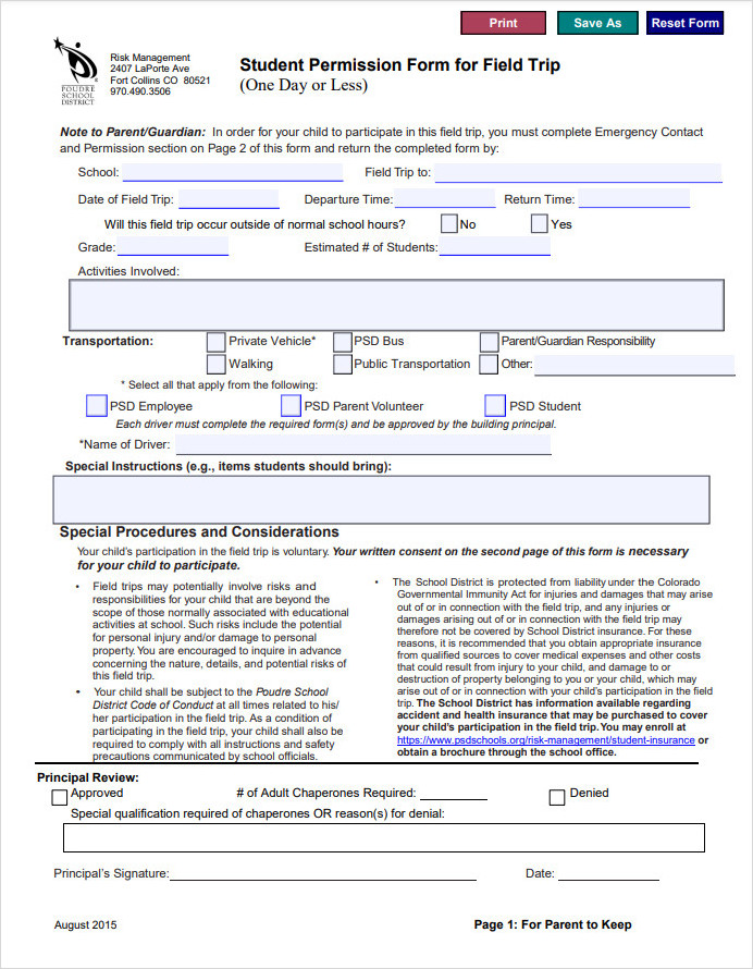 Student Permission Slip Template