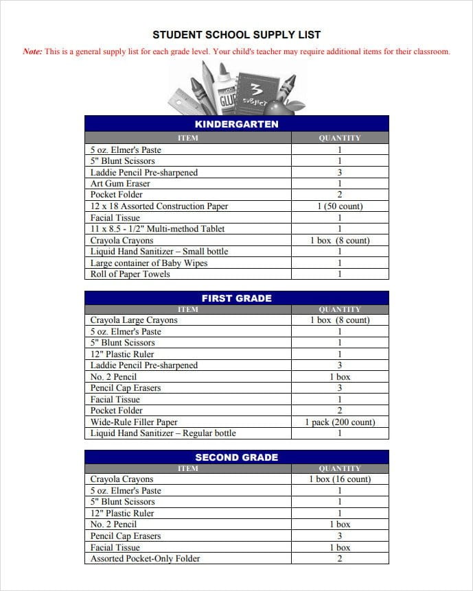 Student School Supply List Template