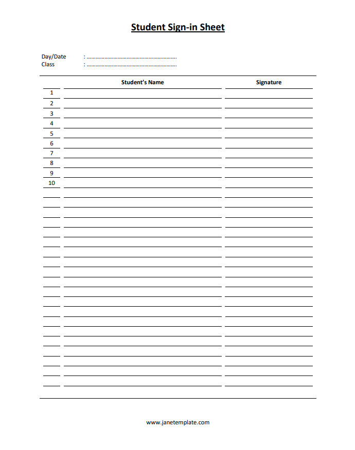 Professional sign-in sheet template for students featuring sections for student information and signatures.