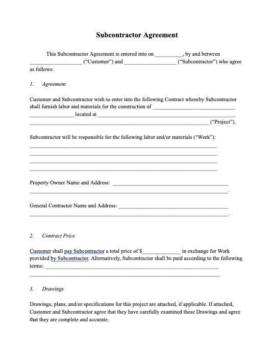 Subcontractor Agreement Template Example