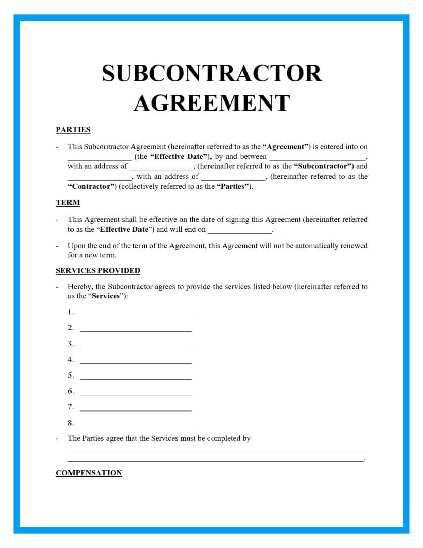 Subcontractor Agreement Template Sample