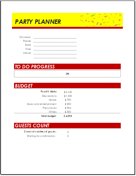 Summer Party Budget Worksheet Template