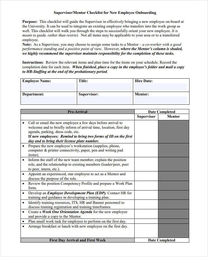 Supervisor Mentor Checklist Template