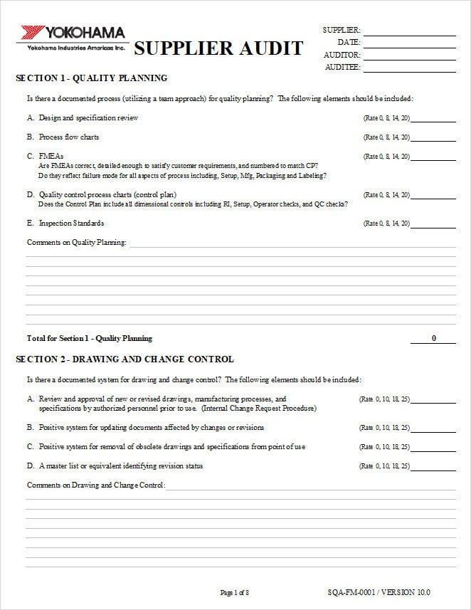 Supplier Vendor Audit Form Sample