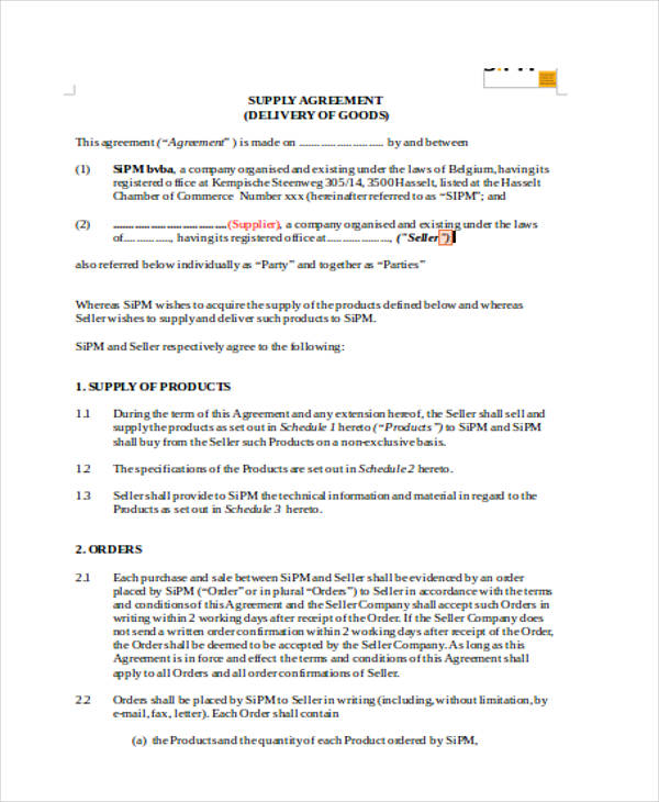 Supply Contract Agreement Template Sample