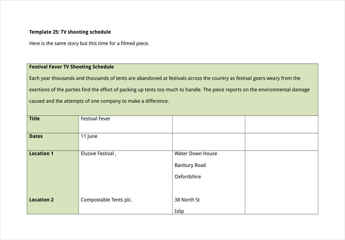 TV Shooting Schedule Template