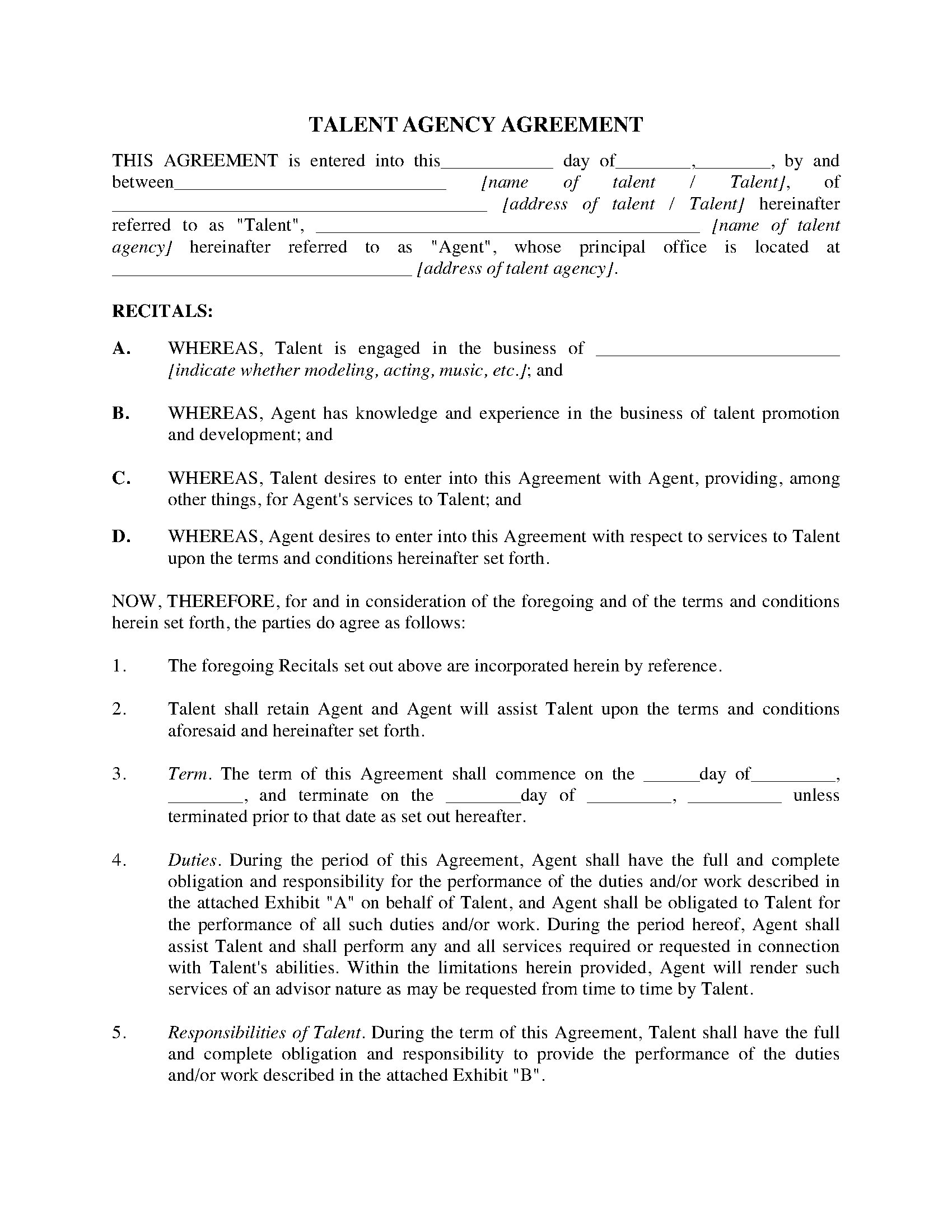 Talent Management Agreement Template Sample