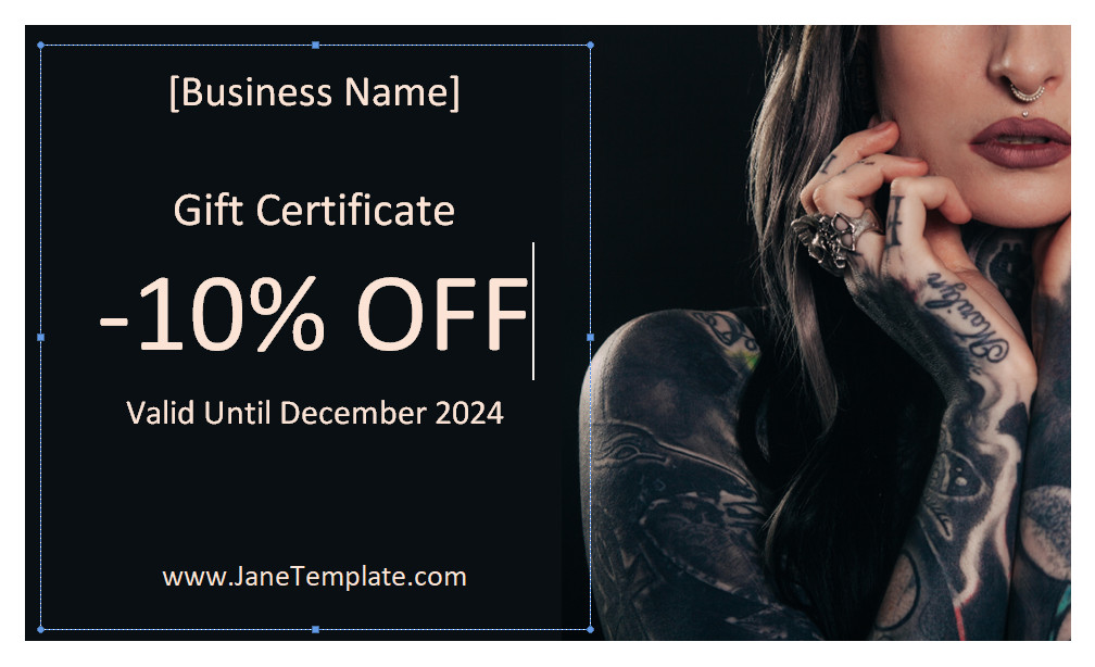 Bold tattoo gift certificate template with intricate black and grey tattoo designs and customizable text fields.