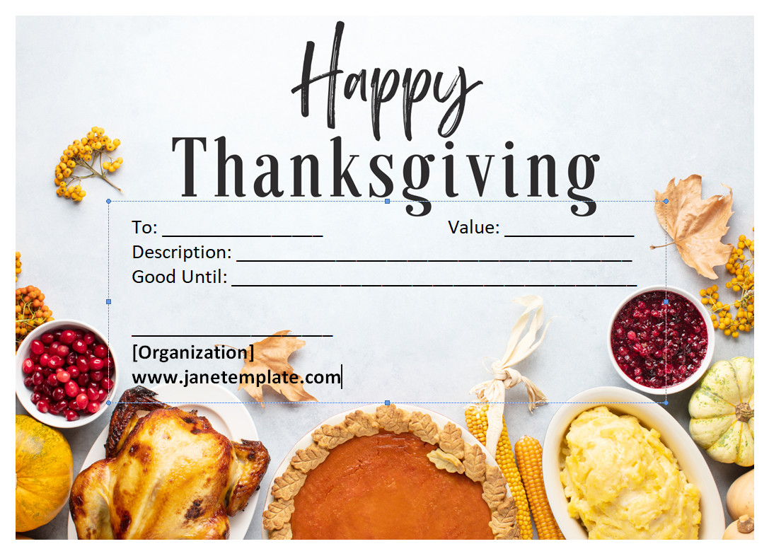 Festive Thanksgiving gift certificate template featuring autumn leaves and pumpkins, with customizable text fields for recipient details and a personalized message.