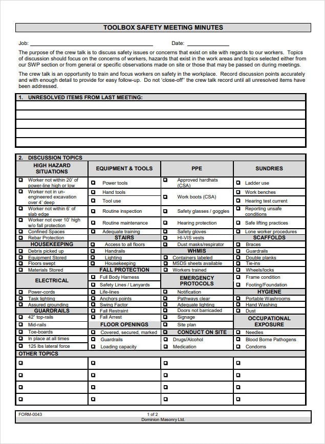 Toolbox Safety Meeting Minutes Template