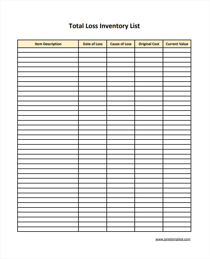 Sample Printable Blank Total Loss Inventory List Template in Excel and PDF Format.