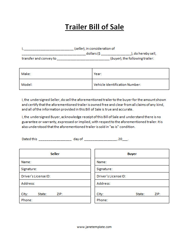 Professional trailer bill of sale template displaying transaction date, seller and buyer details, fields for trailer make, model, VIN, year, sale price, and signatures.