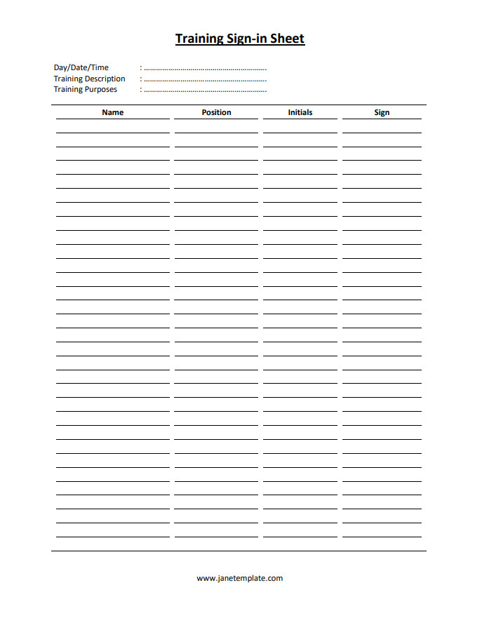 Professional sign-in sheet template for training sessions featuring space for participant information and session titles