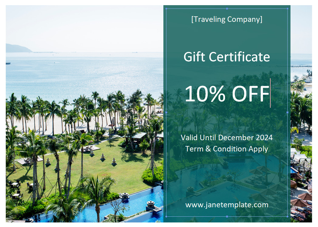 Elegant travel gift certificate template featuring a scenic beach background with customizable text fields.