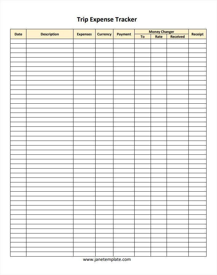 Sample Printable Blank Trip Expense Tracker Template