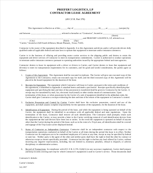 Truck Lease Agreement Template Sample