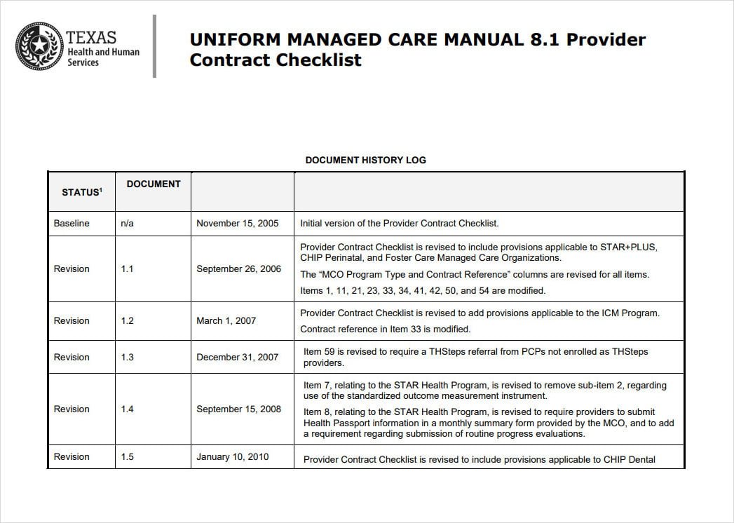 Uniform Contract Checklist Template